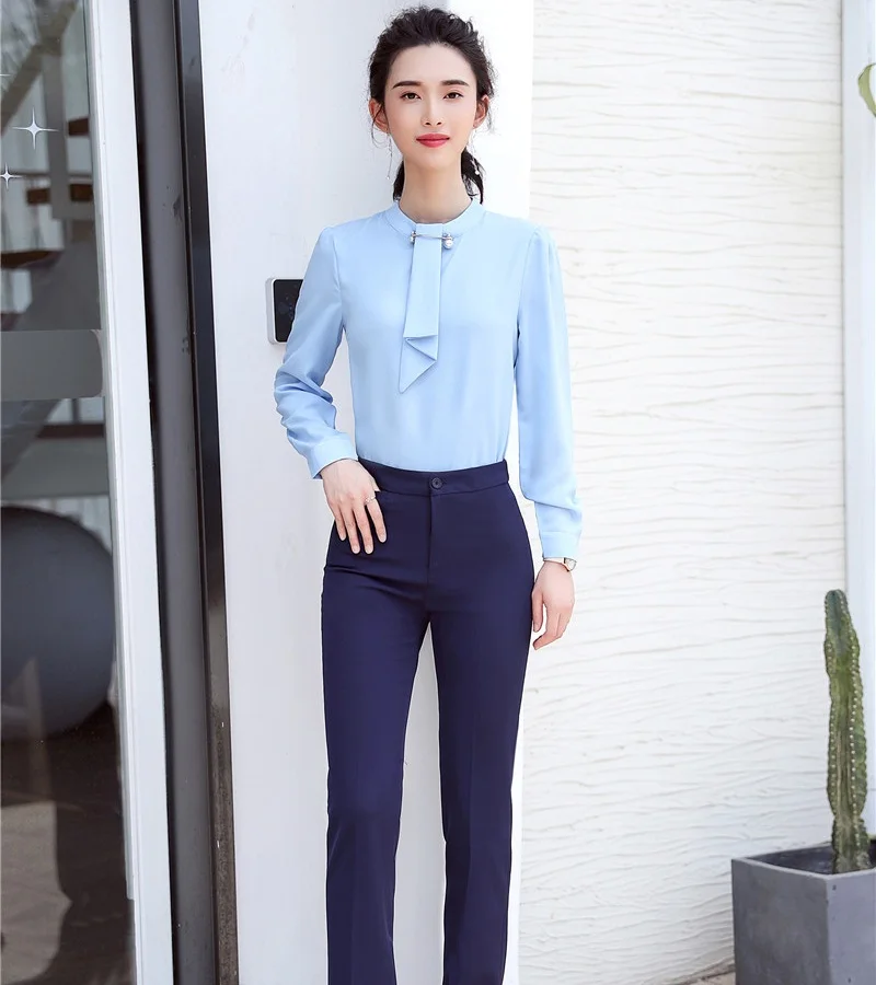 Ladies Sky Blue Blouses Women Work Wear Suits 2 Piece Pant and Tops ...