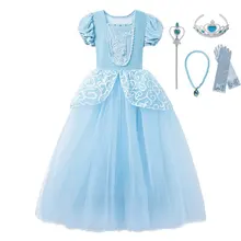 VOGUEON Принцесса Золушка платье Одежда для девочек короткий рукав 6 слоев синий косплэй костюм Дети Хэллоуин платья вечеринок