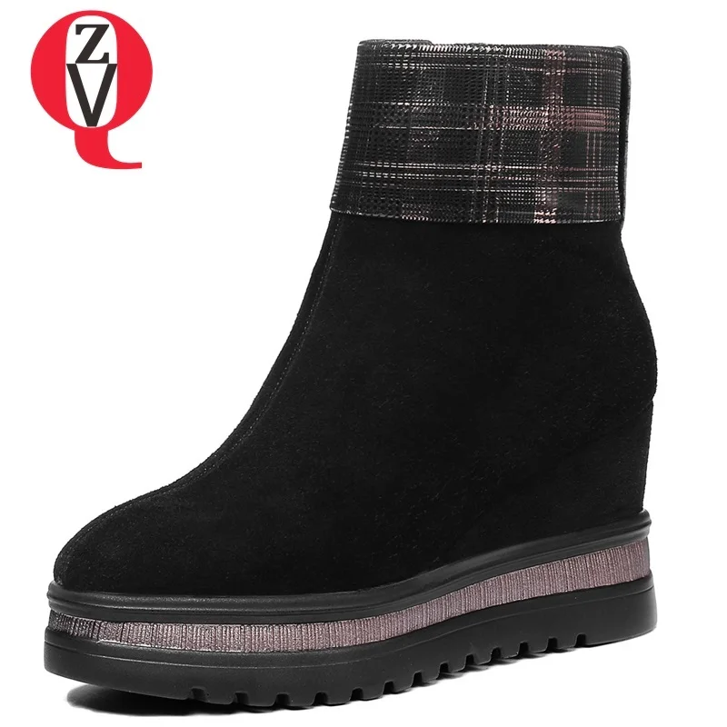 

ZVQ 2018 winter new fashion square toe kid suede super high wedges platform zipper women shoes black outside warm ankle boots