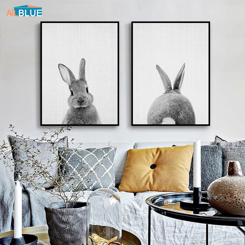 

Scandinavian Poster Print Kids Rabbit Black And White Animal Wall Art Canvas Painting Nursery Bunny Nordic Wall Decor Pictures