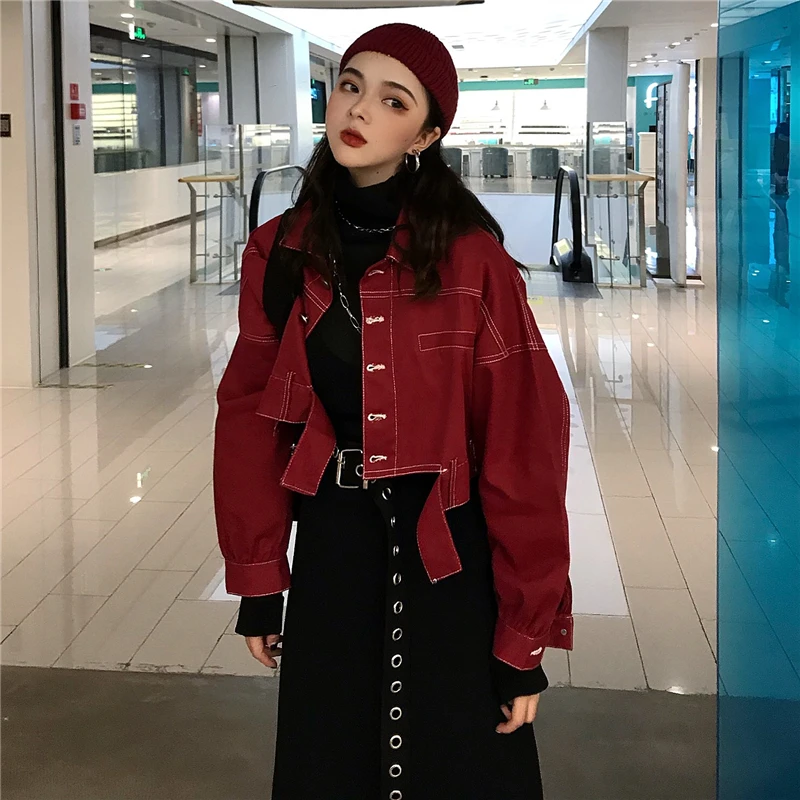 

High Street Denim Jacket Women Denim Short Jacke Lantern Sleeve Basic Jacket Casual Long Sleeve Single Breasted Short
