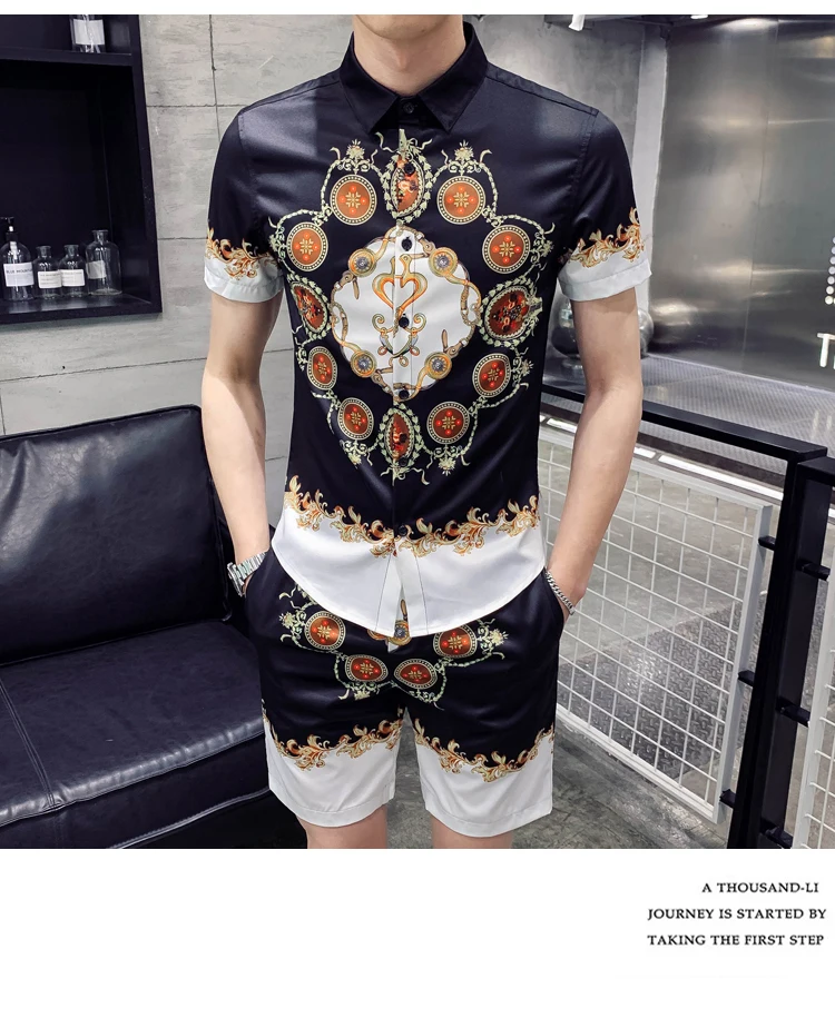 Модная повседневная мужская рубашка с коротким рукавом, комплект из двух предметов, рубашки+ шорты, мужская летняя спортивная одежда с принтом, Облегающая рубашка для соцклуба, костюм