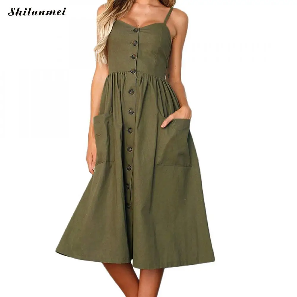 Casual Button A Line Midi Dress 2018 Summer Army Green Cami Dresses