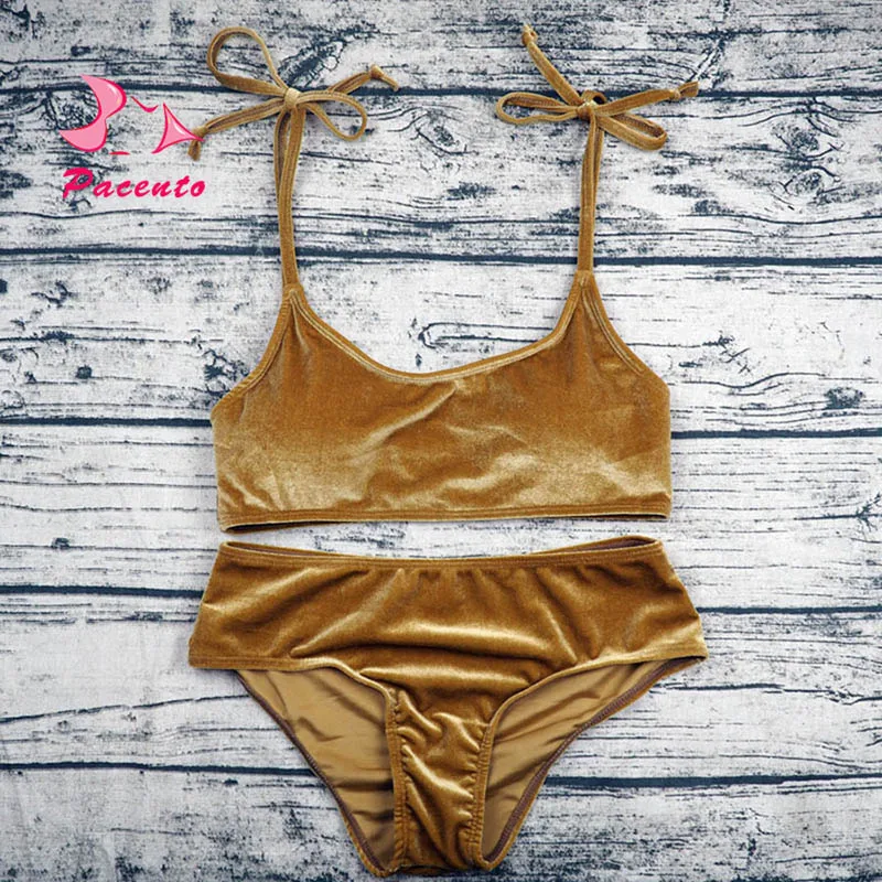 

Pacento 4 Colors Halter Velvet Bikini Bandeau Women's Swimsuit Bathing Suit Women 2017 New Summer Swimwear Female Plavky Damy