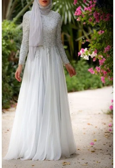 Beading Evening Dresses High Neck Sleeve A Line Floor