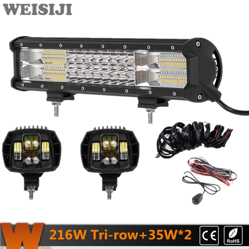 

WEISIJI 1Pcs New Hot Tri-row 216W LED Light Bar+2Pcs 35W Low Beam LED Work Light+2Pcs Wiring Kits Set for Jeep Truck SUV ATV UTV