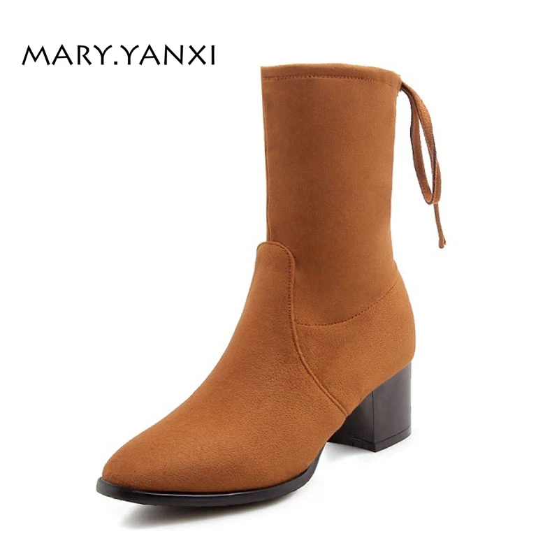 

Spring Autumn Winter Women Flock Nubuck Mid-calf Boots Plus Size 34-47 Fleeces Plush Insole Lace-up Solid Round Toe High Heels