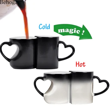 

Behogar 1 Pair Couple Lovers Gifts Heart Shaped Handle Ceramics Mug Magic Tea Coffee Coffe Hot Beverage Color Changing Ceramics