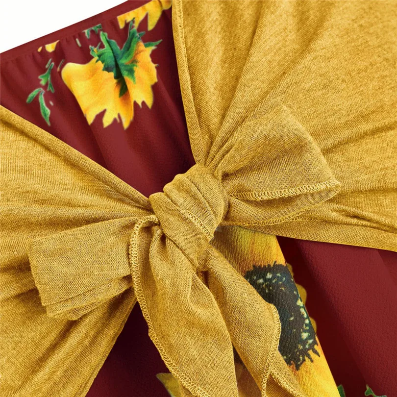 New Women Summer Sexy Short Sleeve Bow Knot Bandage Top Sunflower Print Mini Dress Suits Bohemian Casual Beach Dress #4A30 (53)