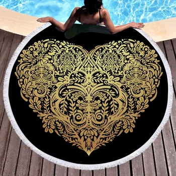 

AHSNME Luxury Golden Heart Pattern Summer Round Beach Towel Large for Adults Microfiber Toalla Minimalist Printed Blanket
