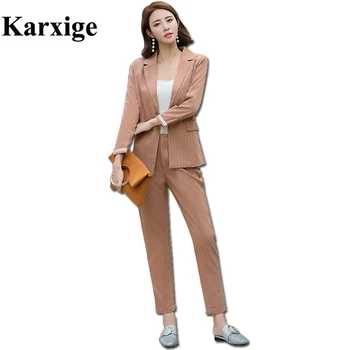 

Jassion&Rainy Korean Thin Stripes All Match Temperament Slim Tanned Elegant And Office Lady Ninth Length Pant Women Suit female