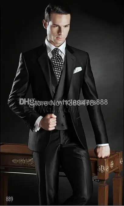 2016 - New Arrival Custom Made Groom Tuxedos Shiny Black Best man Notch Lapel Groomsman Men Wedding Suits Bridegroom(Jacket+Pant | Мужская