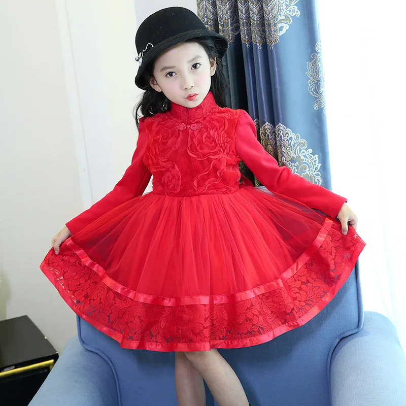 

2017 New Autumn Winter Elegant Girls Chinese Cheongsam National Style Collar Dress Baby Children Wedding Birthday Dress