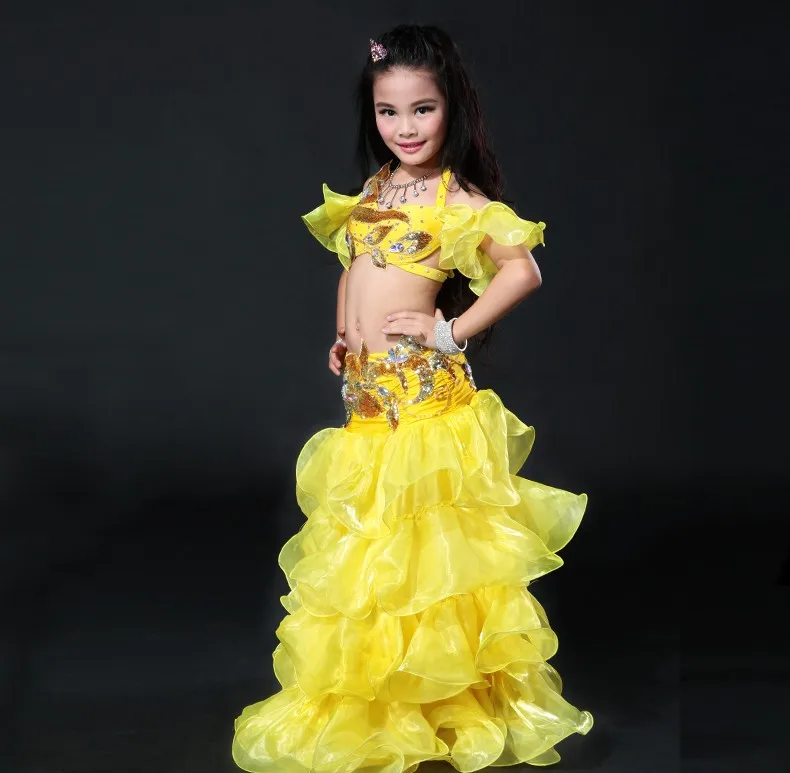 Детский танец живота костюм комплект одежды из 3 предметов Роскошные Болливуда девушка арабский принцессы танцевальная одежда красный фиолетовый желтый