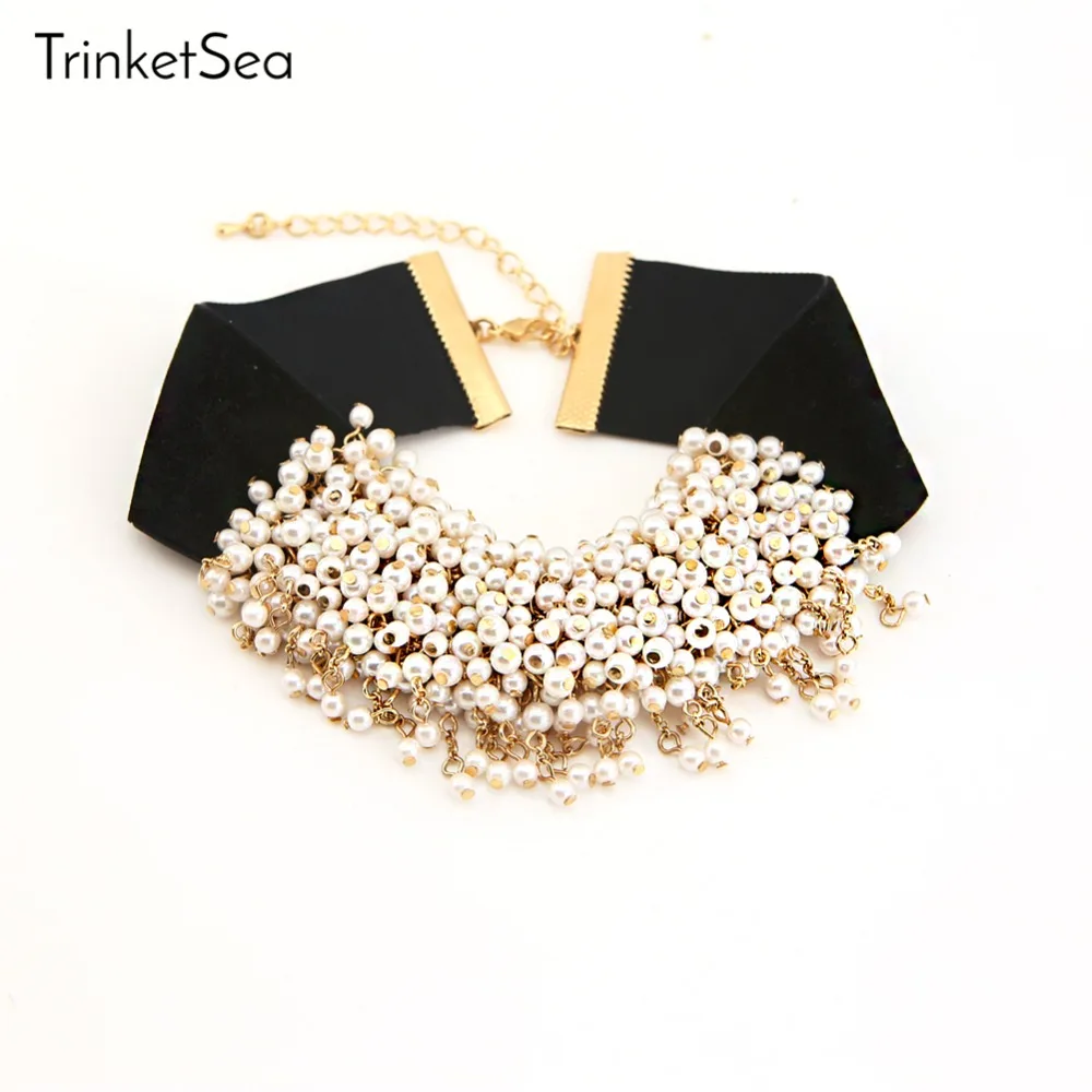 

TrinketSea Women Pearls Choker Necklaces Fashion Jewelry New Arrival Trendy Luxury Black Soft Velvet Collar Chokers Necklace