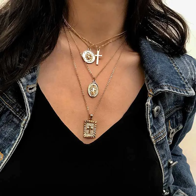 Vintage Women Personality Coin Choker Necklace Multi layer Jesus Cross Pendant Chain Long Femme Collier Chocker NL244 | Украшения и