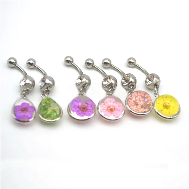 

Newest Style Fashion Belly Bar Navel Flower 316l surgical Steel Belly Button Piercing Pendant Glass ball Water droplets