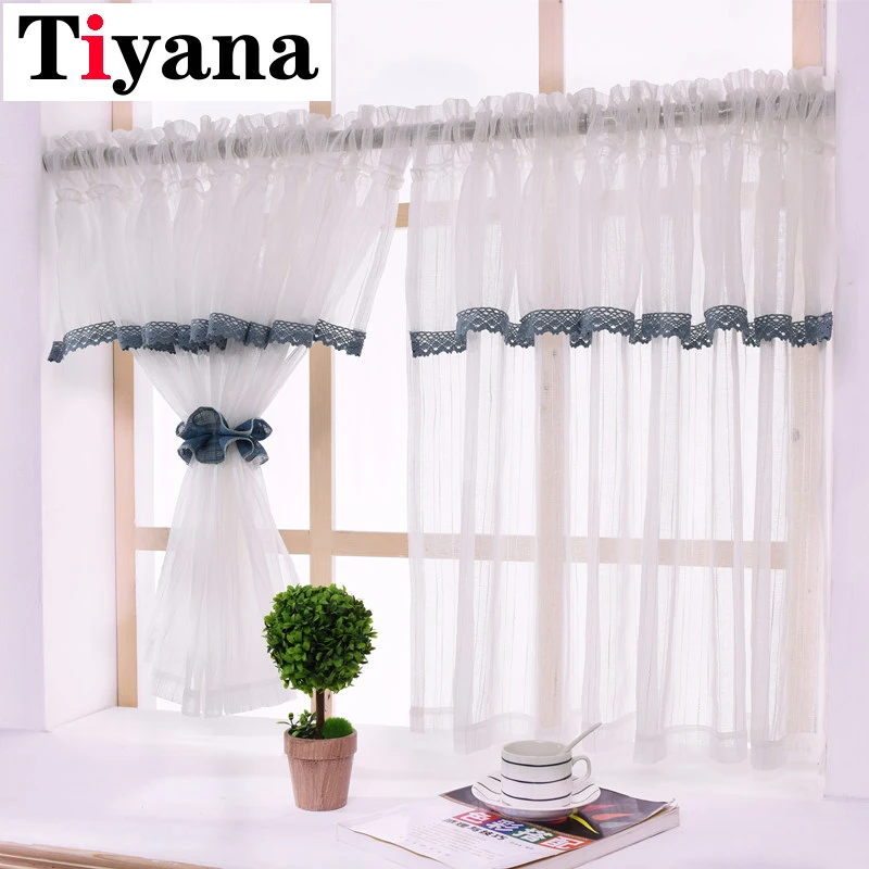 

Decoration Garden Short Curtain Valance Kitchen Window Small White Black Lace Stitching Curtain Tulle Window Treatment DL17D3