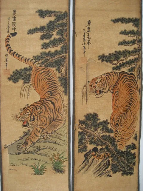 Chinese painting scroll Tiger Jiang Tingxi 4 tigers Antique paintingses