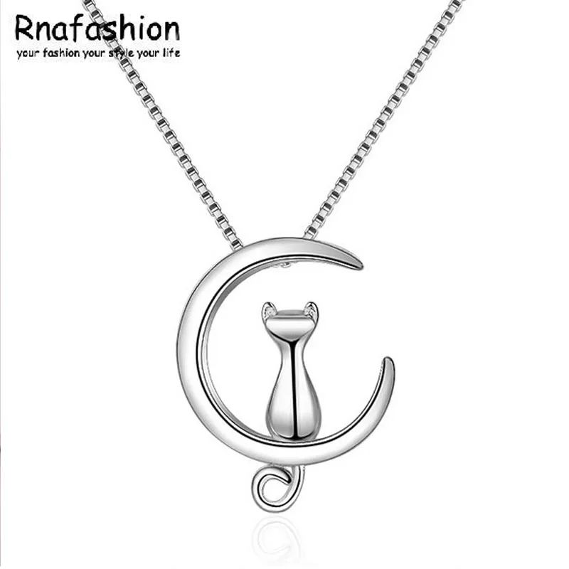 

RNAFASHION 925 Sterling Silver Jewelry Moon Cat Necklaces & Pendants Natural Jewelry Collares Mujer Bijoux Gift