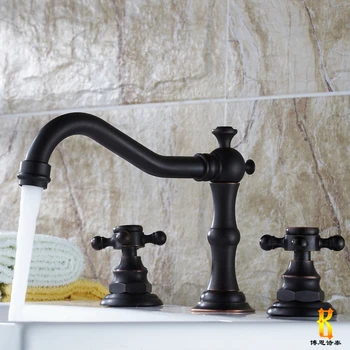 

European Antique Kitchen Faucets Brass Black Deck Mount Bathroom Faucet Double Handles Three Hole Sink Taps Hot Cold 360 Degree