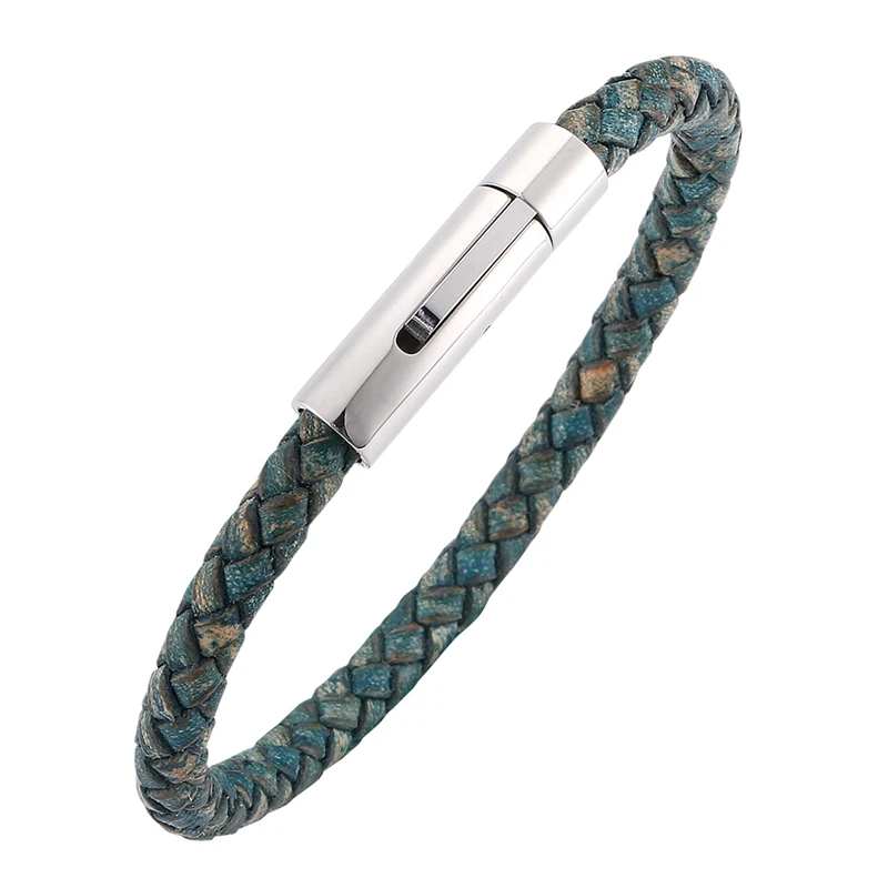 

Vintage Style Green Leather Bracelet for Men Fashion Silver Stainless Steel Button Neutral Accessories Hand-woven Gifts BB0241