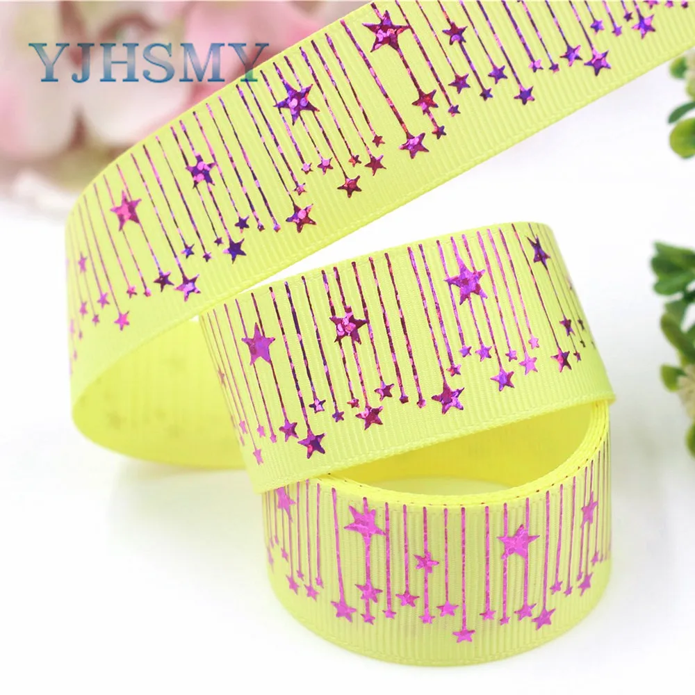 

YJHSMY I-19222-443,25mm 10yards laser Colored pentagonal stars Printed grosgrain ribbon DIY headdress wedding gift wrap material