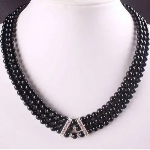 

6MM Black Onyx Agate 3 Row Beads Necklace Strand 18"BV79