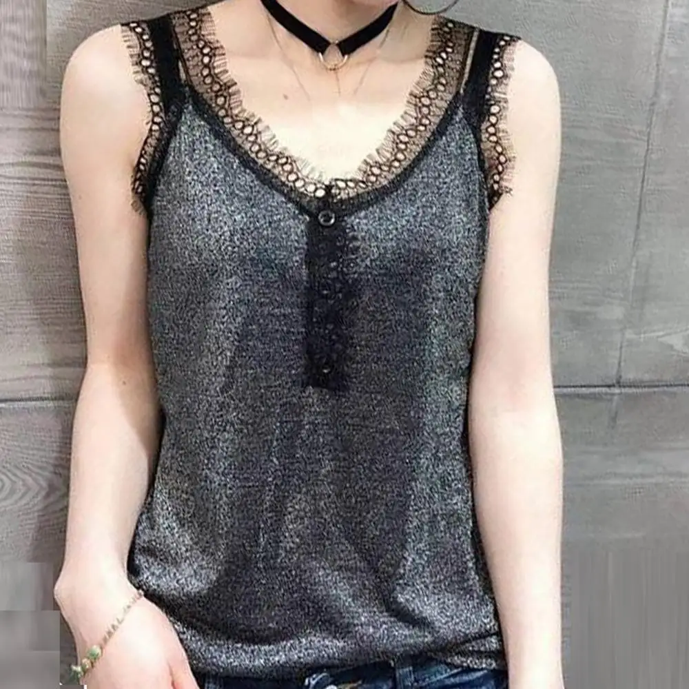 

2019 New Summer Fashion Women Tops Lace V-Neck Camisole Vest Sexy Sleeveless Pure Color Blouse Fashion Design LD