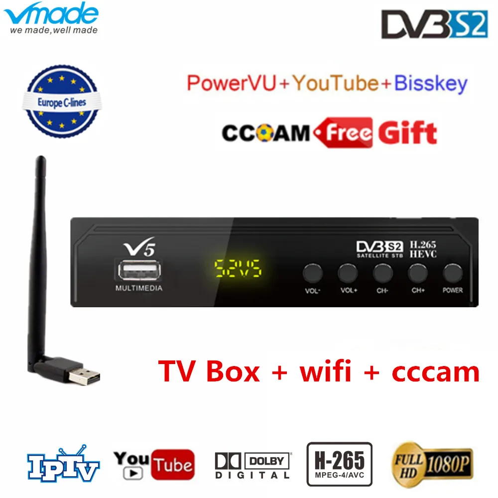 

Vmade DVB S2 V5 HD Satellite Receiver +USB WIFI +free 1 Year Europe clines Support H.265 IPTV Youtube Dobly AC3 DVB S2 tv tuner