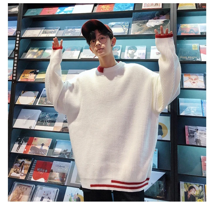Осень-зима 2019 Новые однотонные Цвет корейской моды Повседневное свободные Для мужчин свитер уличной шею Для мужчин вязаный свитер