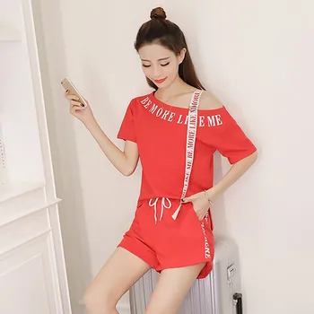 

Summer 2 Piece Set Women Cold Shoulder Lettered Ribbon Short-Sleeve Pullover Top And Elastic Waist Shorts Loose Sporty 2 Piece