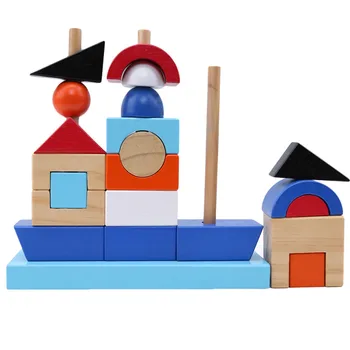 

Cute Infant Wood Blocks Toys Pirate Ship Geometric Shape Stacking Building Blocks For Toddlers Kindergarten Multiple Colors