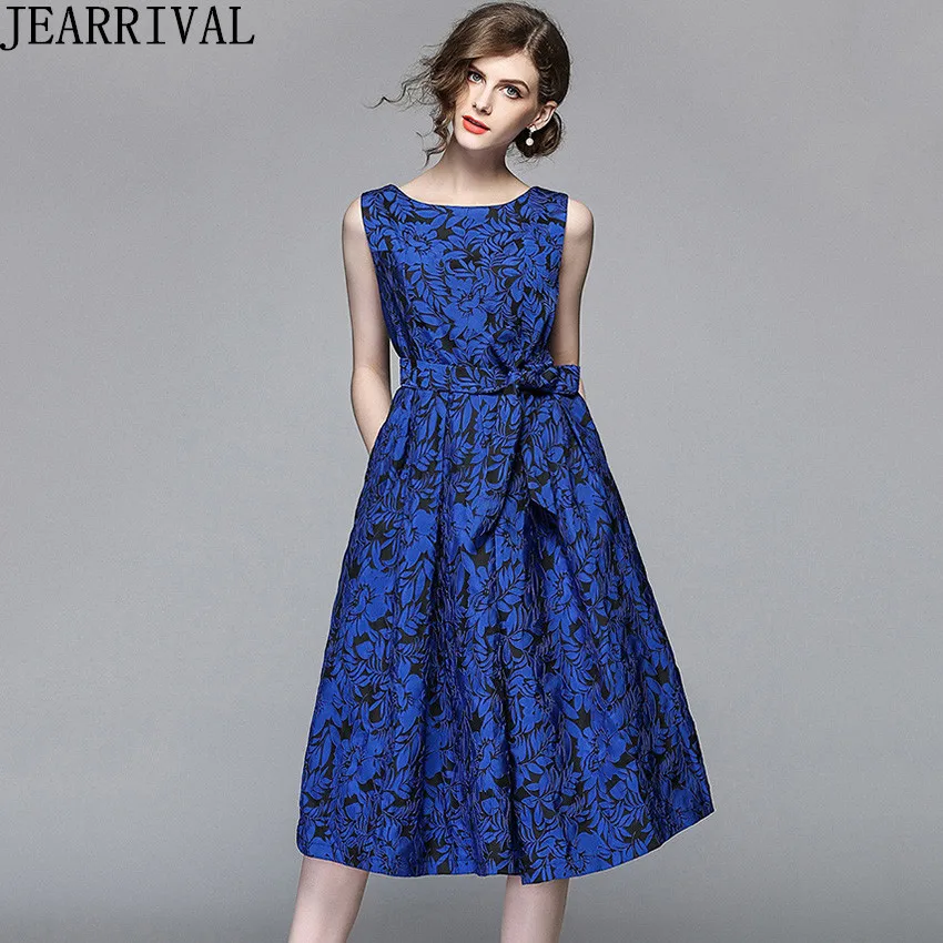 Women's Fashion Jacquard Summer Dress Elegant O Neck Sleeveless Vintage ...