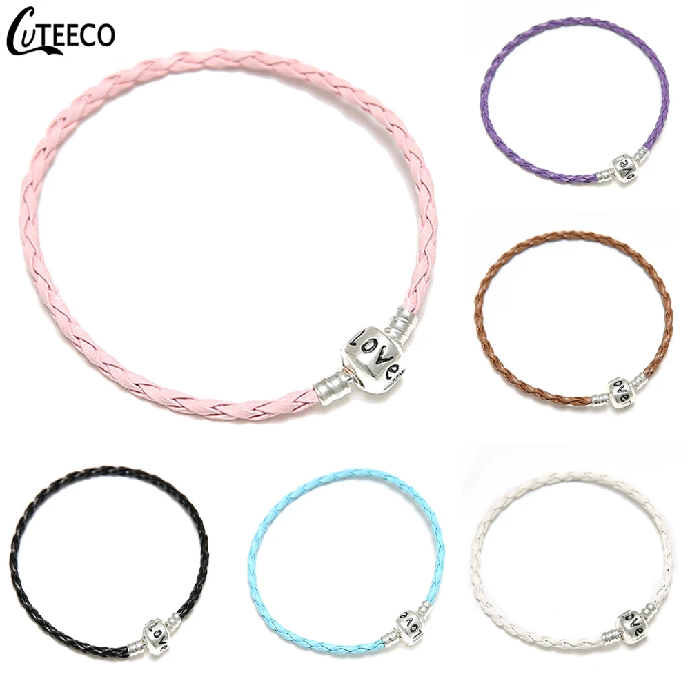 

CUTEECO Multicolor Braided Leather Snap Chain Clasp Snake Pandora Charm Bracelets For Friends European Beads Jewelry bileklik