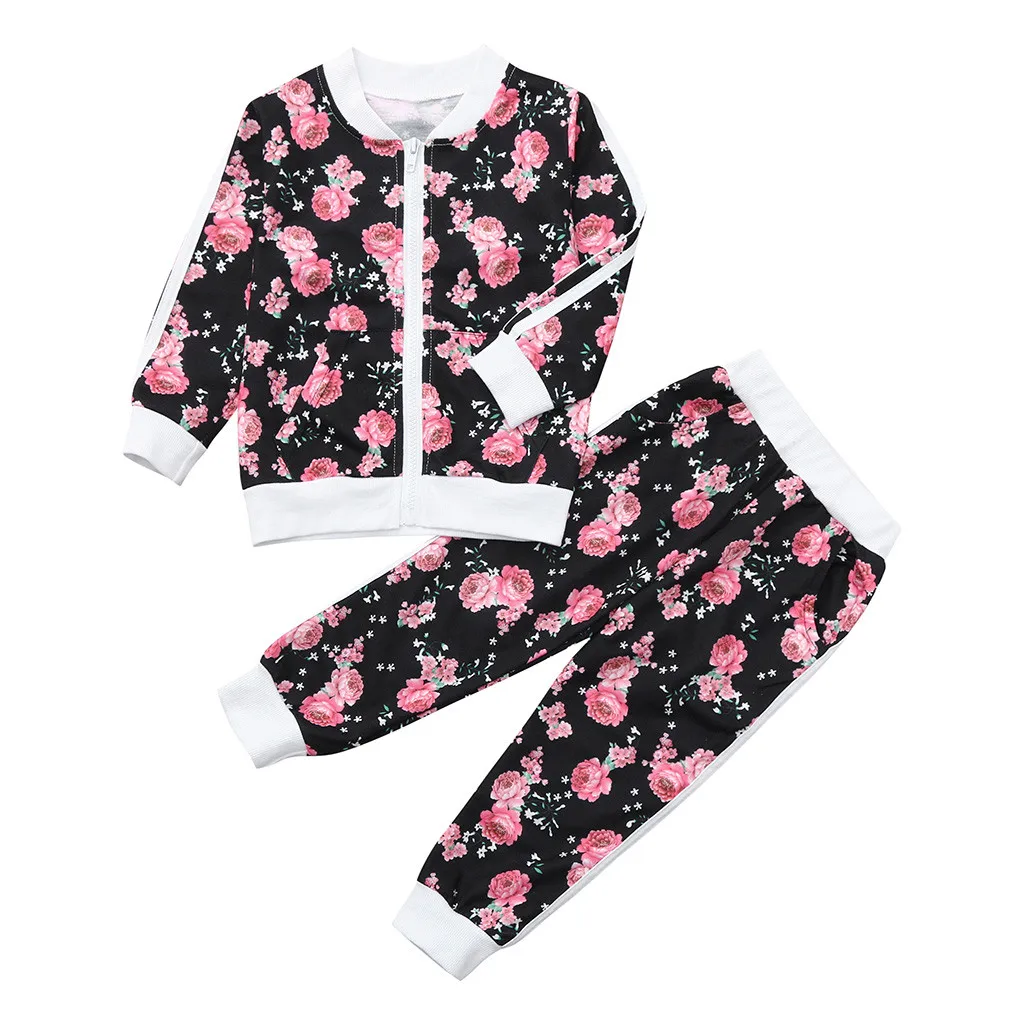 Комплект для маленьких девочек; зимняя модная детская одежда с цветочным рисунком для девочек; одежда с длинными рукавами+ брюки; комплект одежды для малышей