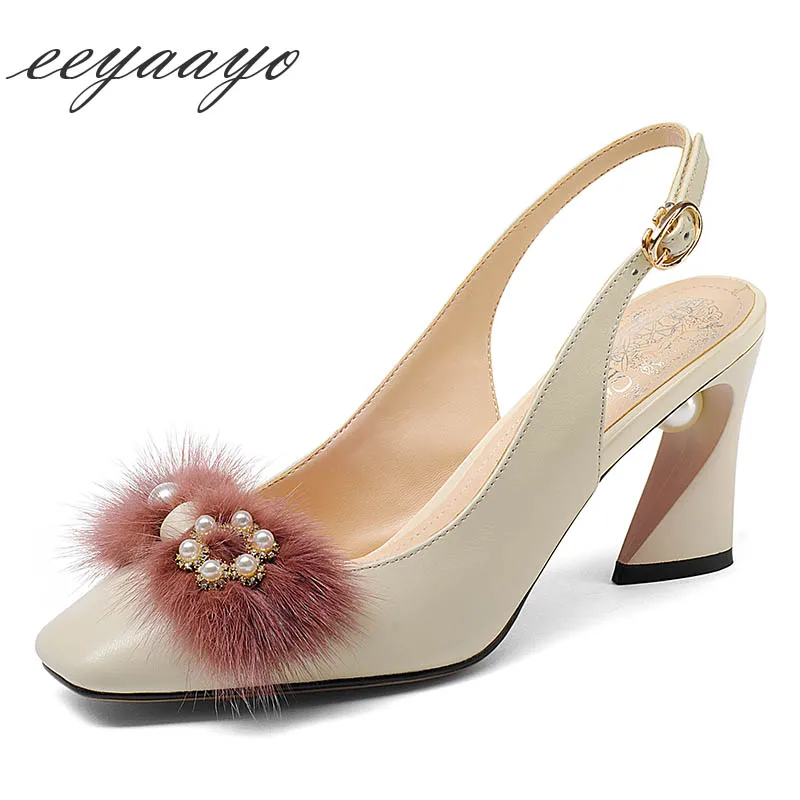 

2019 New Summer Genuine Leather Women Sandals High Heel Square Toe Buckle Pearl Marten Hair Fashion Sexy Women Cow Leather Shoes