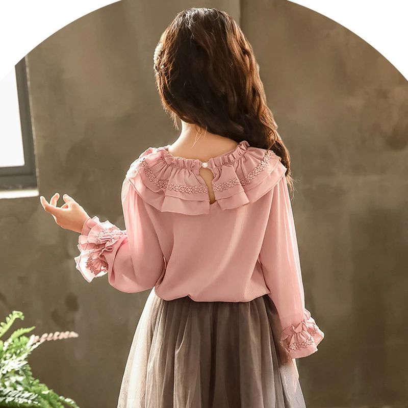  New Girls Blouse Spring Summer Children Chiffon Shirt Kids Clothes Long Sleeve Ruffle School Girls 