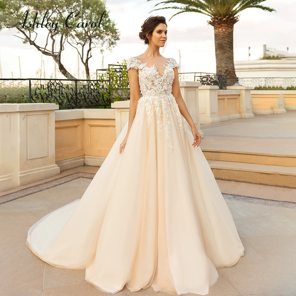 

Ashley Carol Sexy V-neckline Short Illusion Back Wedding Dress 2019 New Beaded Appliques Court Train Bride Dresses Wedding Gowns