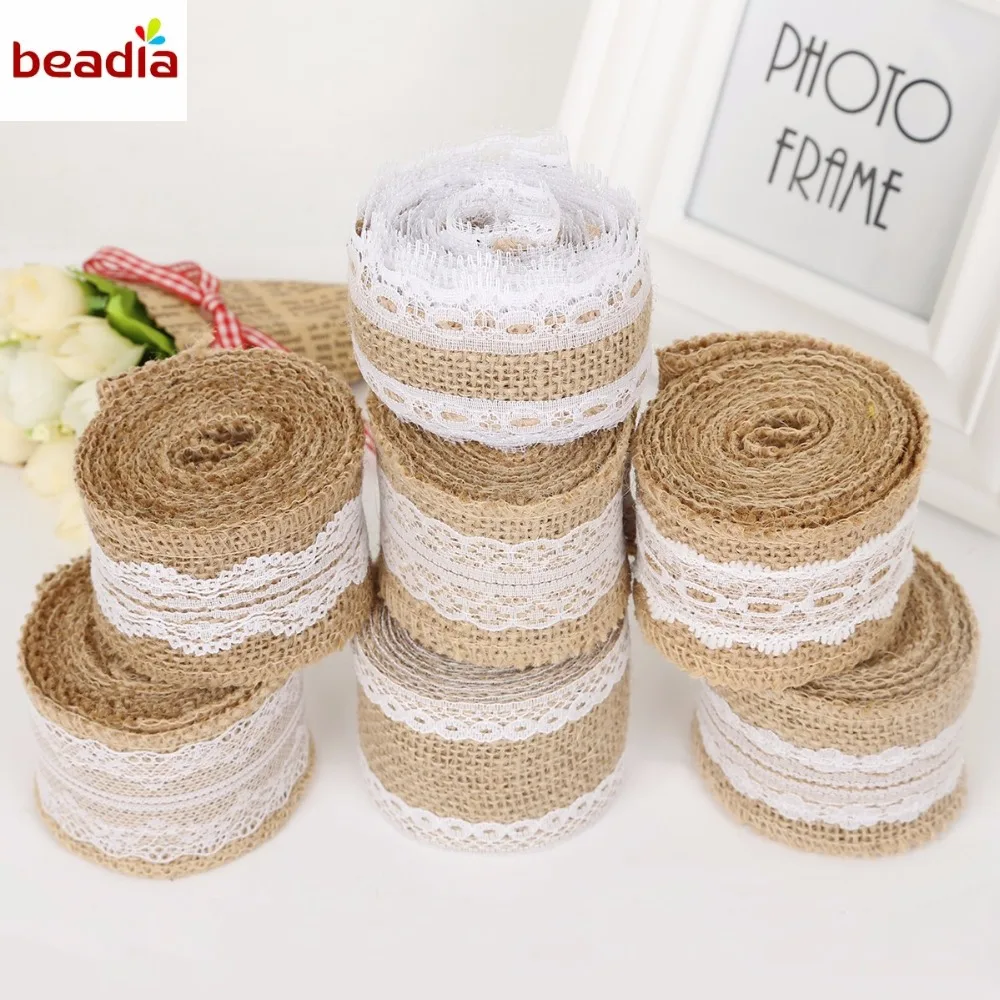 Width 5cm 2M/Roll Natural Jute Burlap Hessian Ribbon with Different White Lace For Rustic Wrap Gift Packing Wedding Decoration