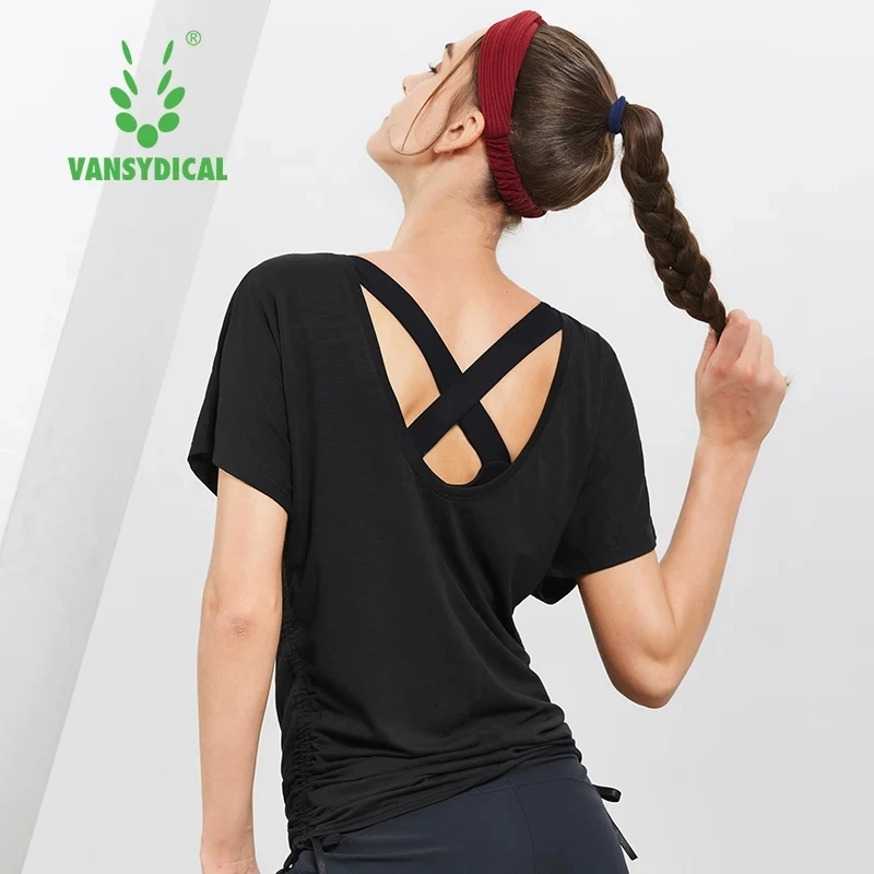 Vansydical Backless Yoga Shirts Tops Women's Gym Clothes Loose Breathable Workout Fitness Short