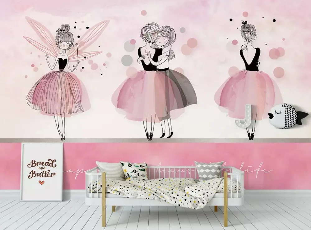 beibehang Custom fashion green three-dimensional Nordic pink ballerina girl children's room background papel de parede wallpaper