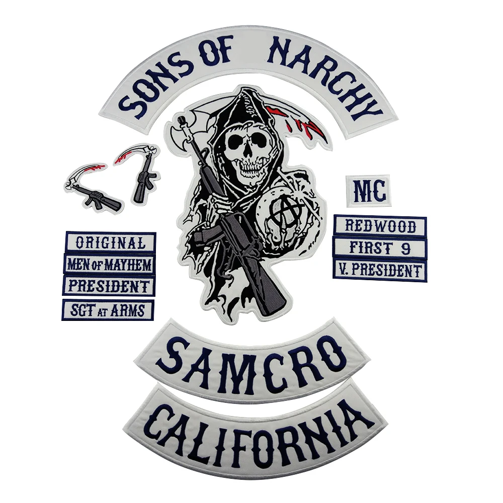 Дешево Нашивка Sons of Patch Anarchy SOA мотоциклетная нашивка Байкер вышитый значок для одежды куртка на спине большой размер панк и рок эмблема Железная на