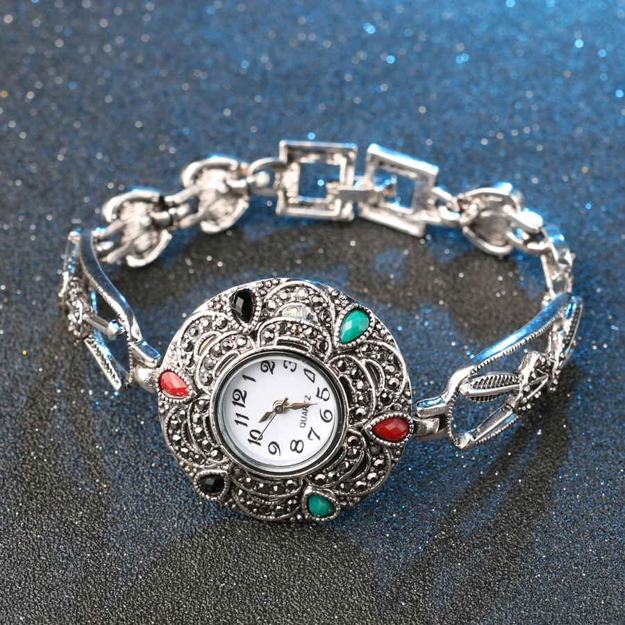 Часы в стиле бохо винтажные хрустальные Серебряные сердце цветок перо металлические часы с браслетом браслеты для женщин модные ювелирные изделия