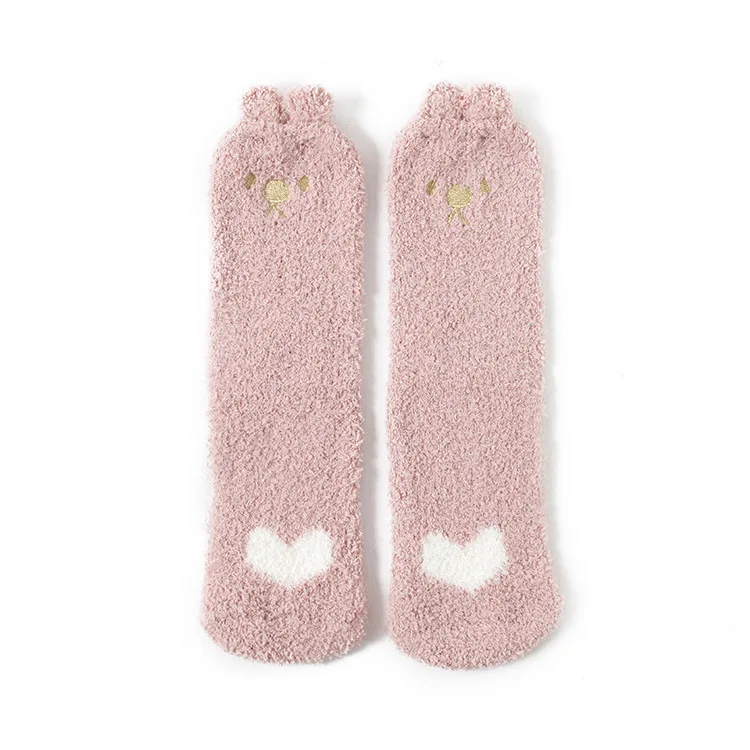 Женские носки в японском стиле Харадзюку с милыми пушистыми ушками и вышитой кошечкой, зимние утолщенные бархатные носки-тапочки кораллового цвета для женщин - Цвет: pink colour