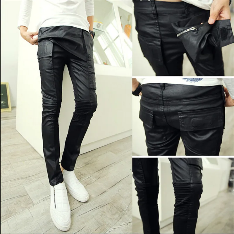 Coating washed Slim fit black skinny jeans men fashion 2015 man spring designer ROCK Punk Denim