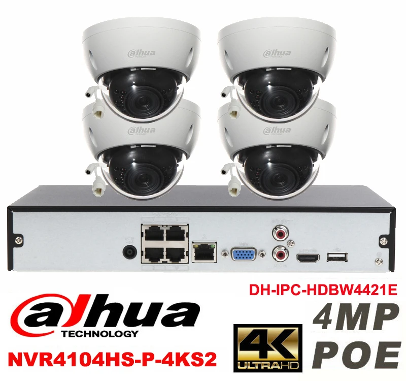 

Dahua original 4CH 4MP H2.65 DH-IPC-HDBW4421E 4pcs CCTV Network camera POE DAHUA DH-NVR4104HS-P-4KS2 Dome IP security camera kit