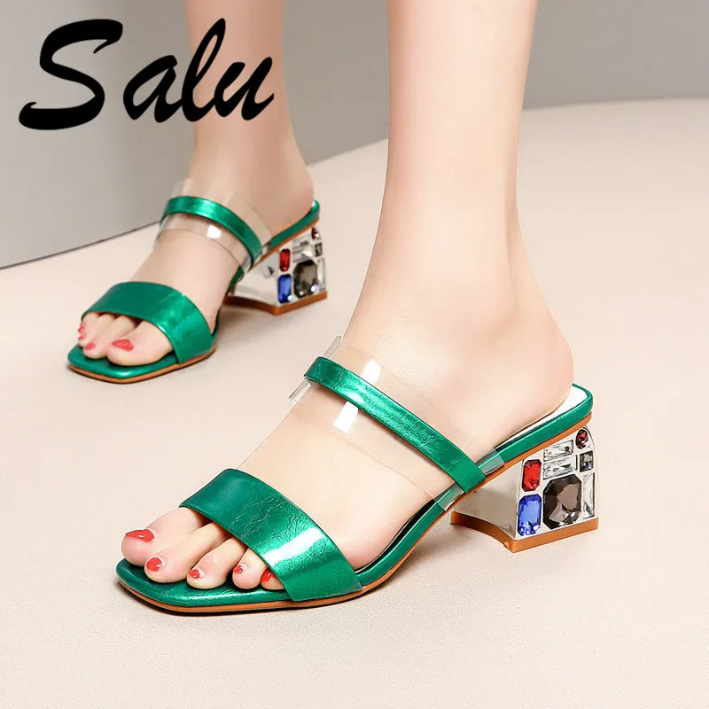 

Salu Gladiator Sandals for Women New Fashion Genuine Leather High Heels Shoes Woman Fashion Green Wedding Party Shoes