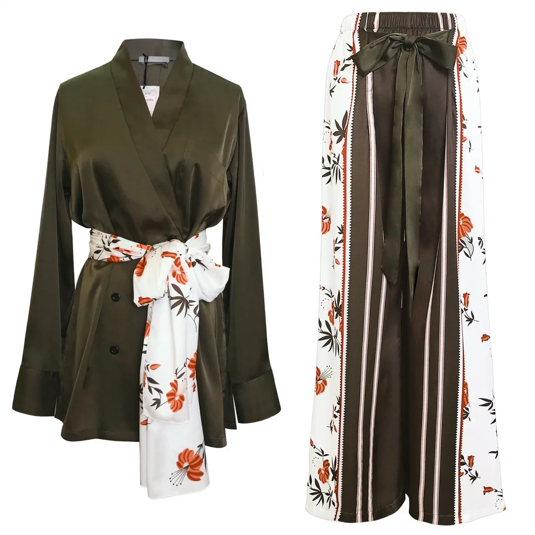 

2019 summer new national style color matching long-sleeved trousers tie two-piece suit women