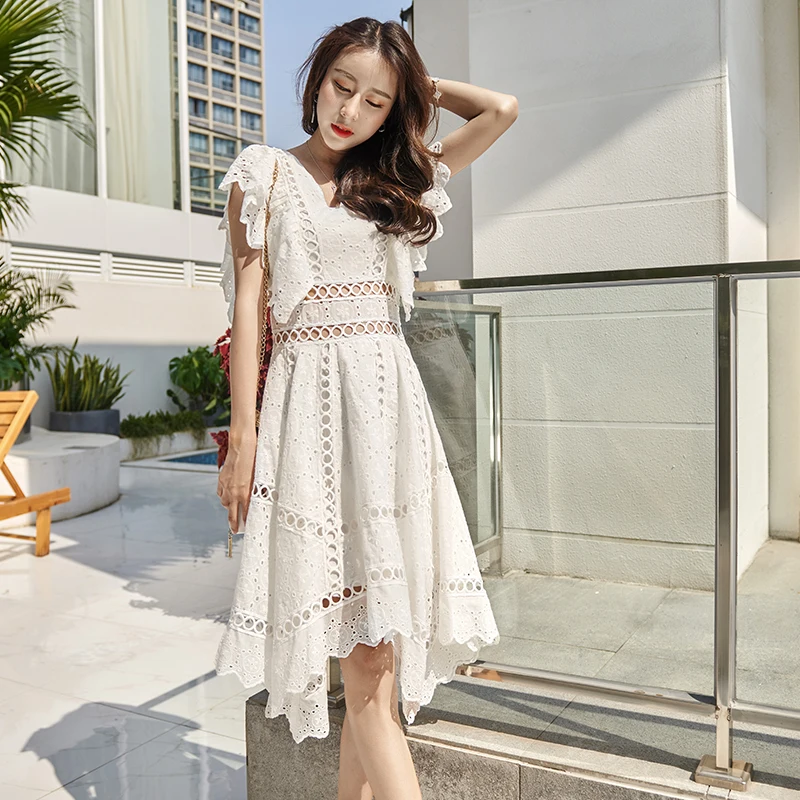 

summer lace embroidery dress elegant hollow out v neck casual dress women short empire dress mujer vestidos DR961